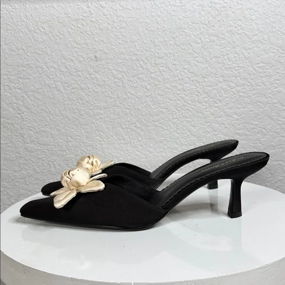 FOR LOVE & LEMONS 🍋 CLAUDINE BLACK SATIN FLORAL ROSETTE KITTEN HEELS - Picture 5 of 15